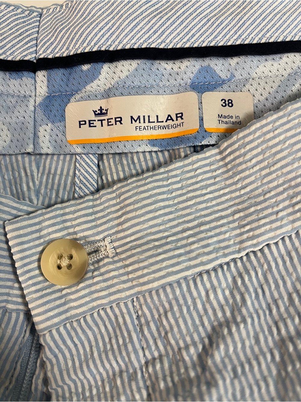 Peter Millar Light Blue & White Seersucker stripe Shorts NWOT size 38 logo golf